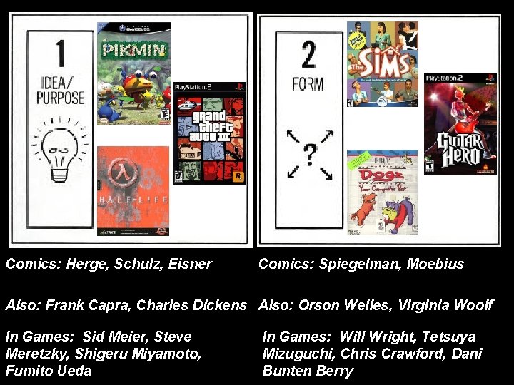 Comics: Herge, Schulz, Eisner Comics: Spiegelman, Moebius Also: Frank Capra, Charles Dickens Also: Orson Comics: Herge, Schulz, Eisner Comics: Spiegelman, Moebius Also: Frank Capra, Charles Dickens Also: Orson