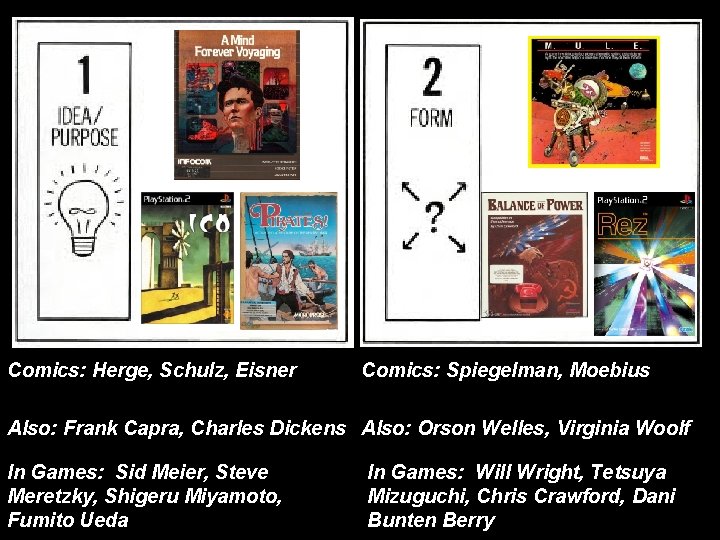 Comics: Herge, Schulz, Eisner Comics: Spiegelman, Moebius Also: Frank Capra, Charles Dickens Also: Orson Comics: Herge, Schulz, Eisner Comics: Spiegelman, Moebius Also: Frank Capra, Charles Dickens Also: Orson