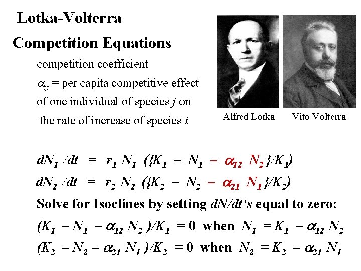 Lotka-Volterra Competition Equations competition coefficient aij = per capita competitive effect of one individual