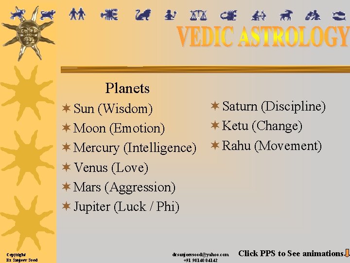 Planets ¬ Saturn (Discipline) ¬ Sun (Wisdom) ¬ Ketu (Change) ¬ Moon (Emotion) ¬