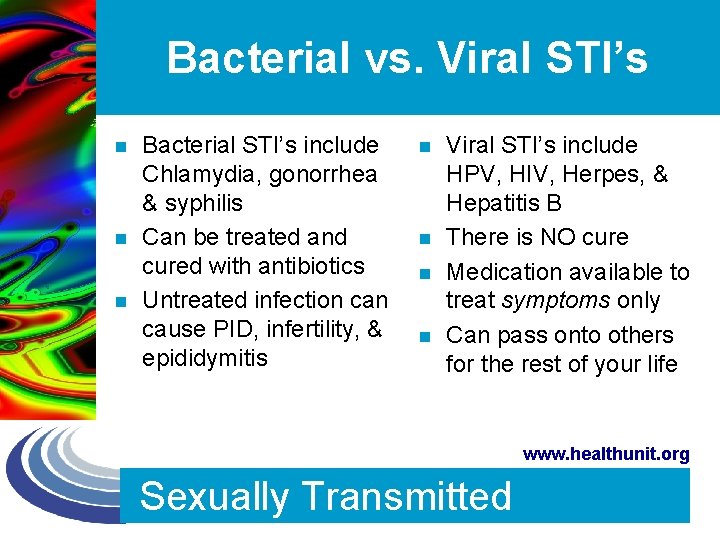 Bacterial vs. Viral STI’s n n n Bacterial STI’s include Chlamydia, gonorrhea & syphilis