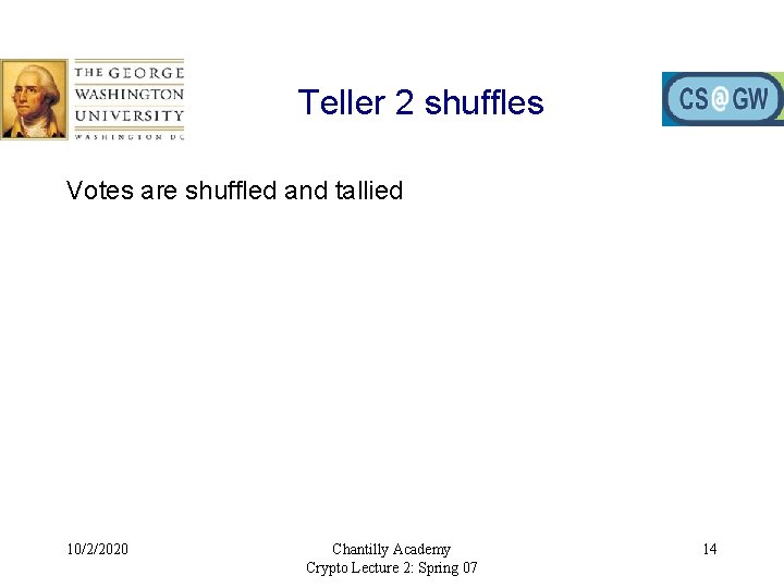 Teller 2 shuffles Votes are shuffled and tallied 10/2/2020 Chantilly Academy Crypto Lecture 2: