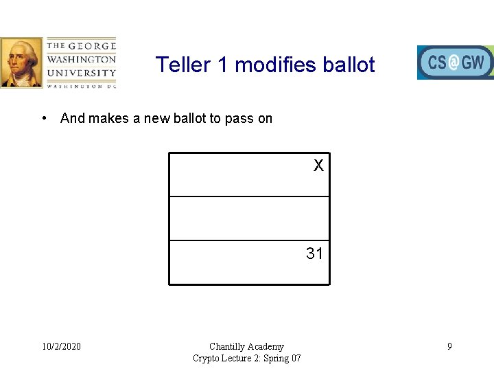 Teller 1 modifies ballot • And makes a new ballot to pass on X