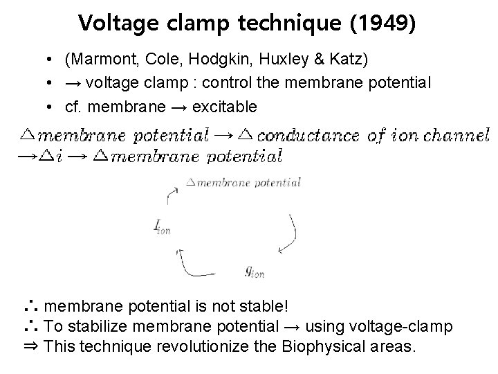 Voltage clamp technique (1949) • (Marmont, Cole, Hodgkin, Huxley & Katz) • → voltage