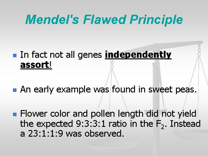 Mendel's Flawed Principle n n n In fact not all genes independently assort! An