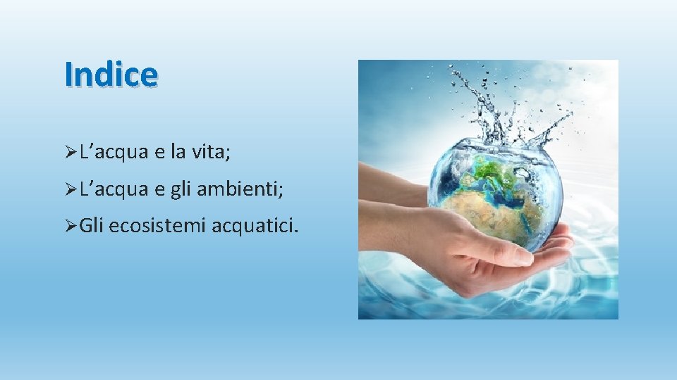 Indice Ø L’acqua e la vita; Ø L’acqua e gli ambienti; Ø Gli ecosistemi