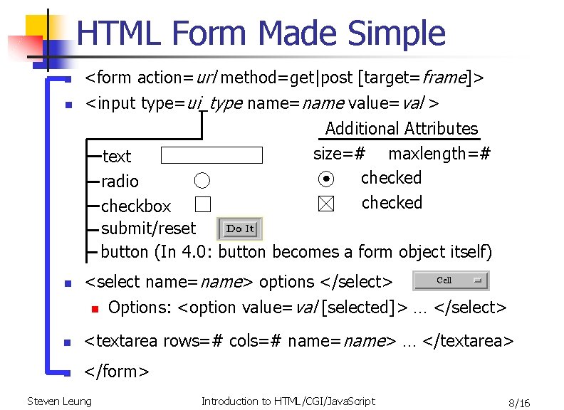 HTML Form Made Simple n n n <form action=url method=get|post [target=frame]> <input type=ui_type name=name