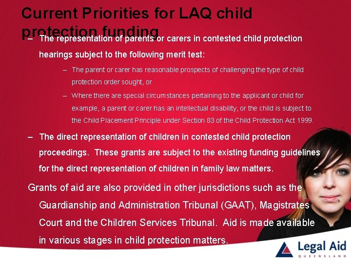 Current Priorities for LAQ child protection funding – The representation of parents or carers