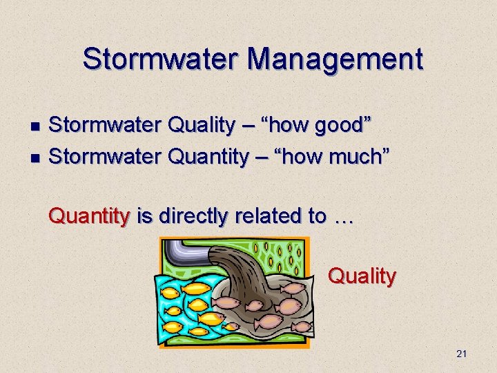 Stormwater Management n n Stormwater Quality – “how good” Stormwater Quantity – “how much”