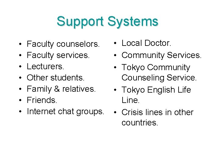 Support Systems • • Faculty counselors. Faculty services. Lecturers. Other students. Family & relatives.