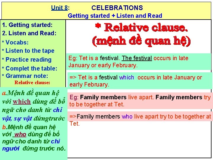 Unit 8: CELEBRATIONS Getting started + Listen and Read 1. Getting started: 2. Listen