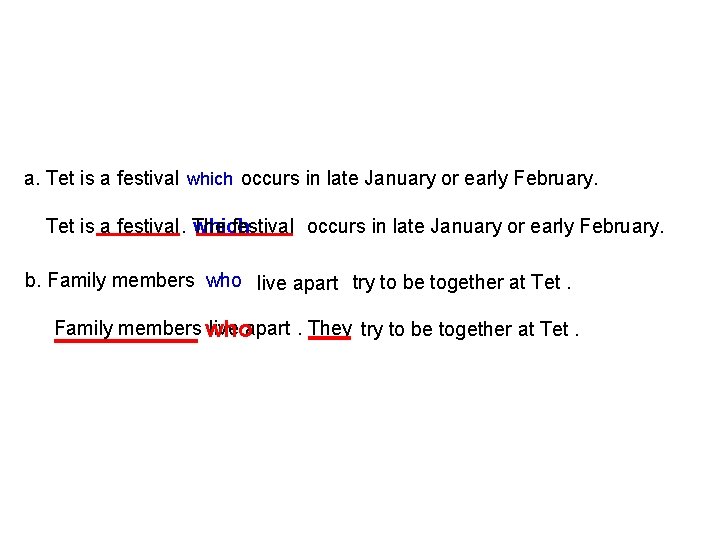 a. Tet is a festival which occurs in late January or early February. Tet