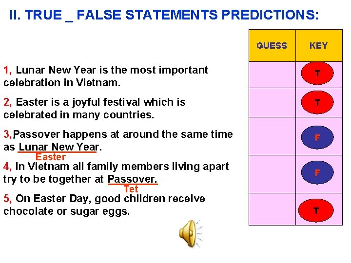 II. TRUE _ FALSE STATEMENTS PREDICTIONS: GUESS 1, Lunar New Year is the most