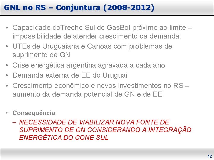 GNL no RS – Conjuntura (2008 -2012) • Capacidade do. Trecho Sul do Gas.