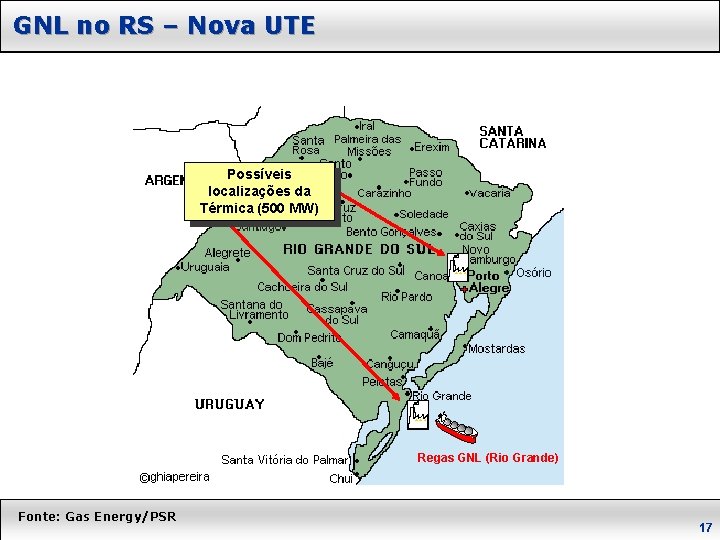 GNL no RS – Nova UTE Possíveis localizações da Térmica (500 MW) Regas GNL