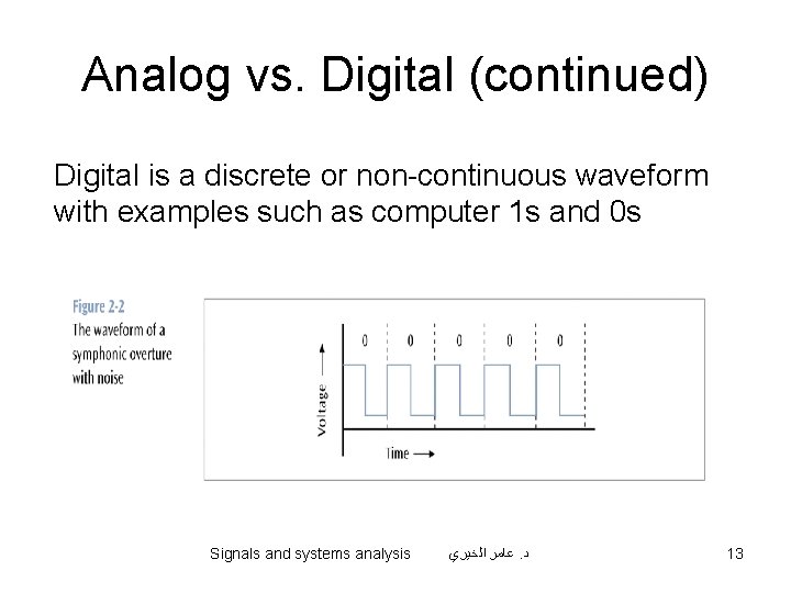 Analog vs. Digital (continued) Digital is a discrete or non-continuous waveform with examples such