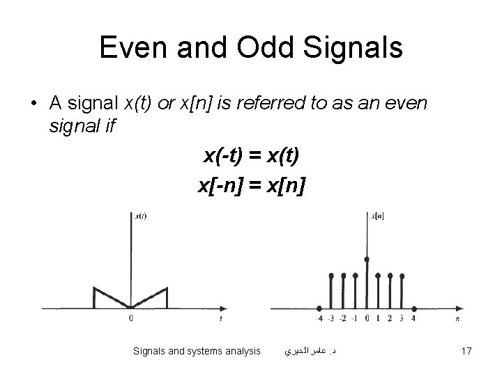 Even and Odd Signals • A signal x(t) or x[n] is referred to as
