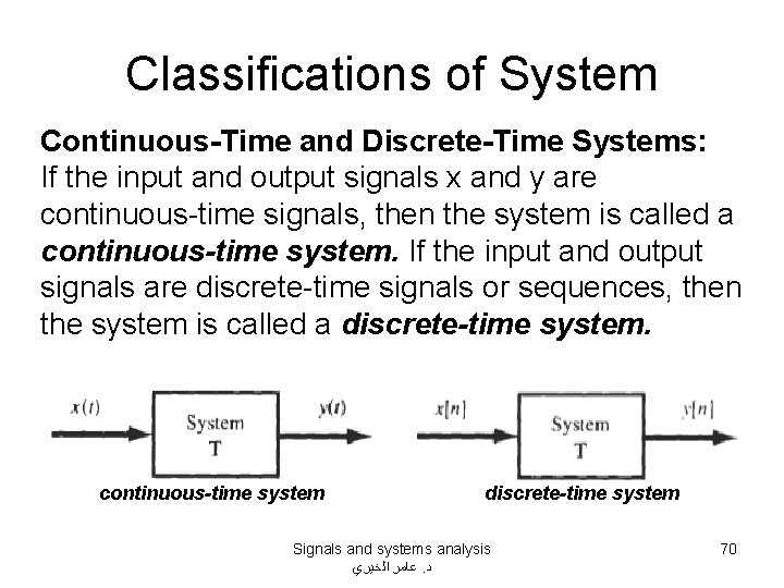 Classifications of System Continuous-Time and Discrete-Time Systems: If the input and output signals x