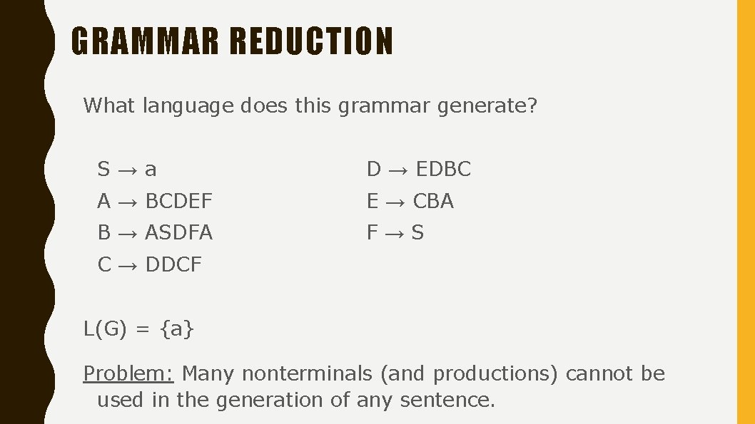 GRAMMAR REDUCTION What language does this grammar generate? S→a D → EDBC A →