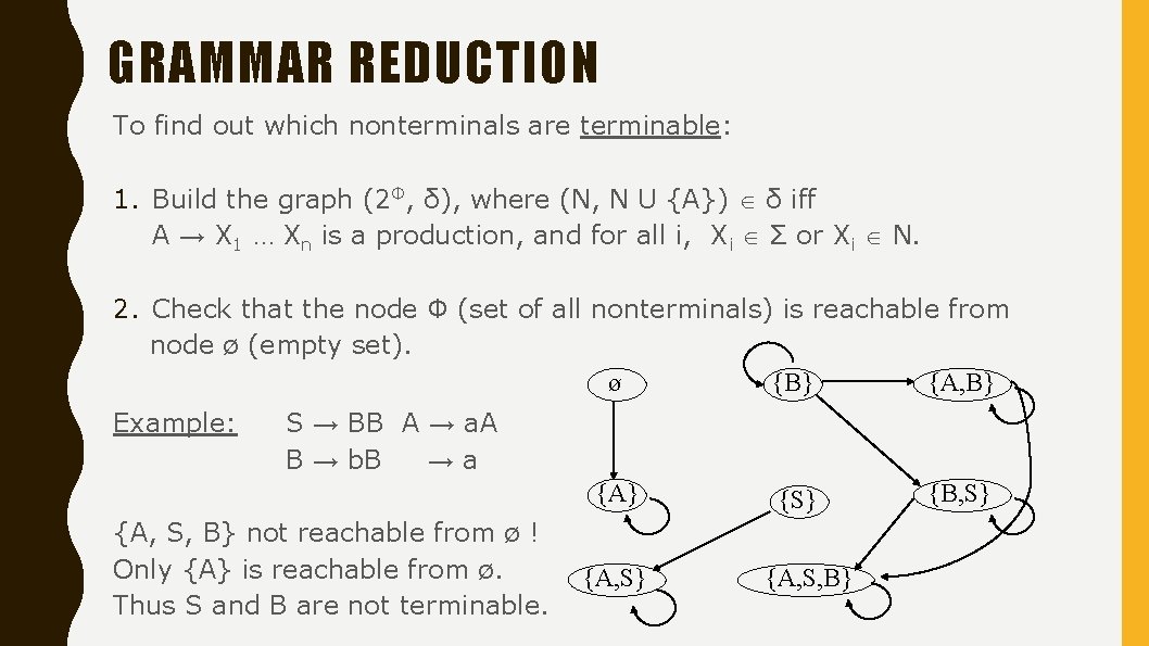 GRAMMAR REDUCTION To find out which nonterminals are terminable: 1. Build the graph (2