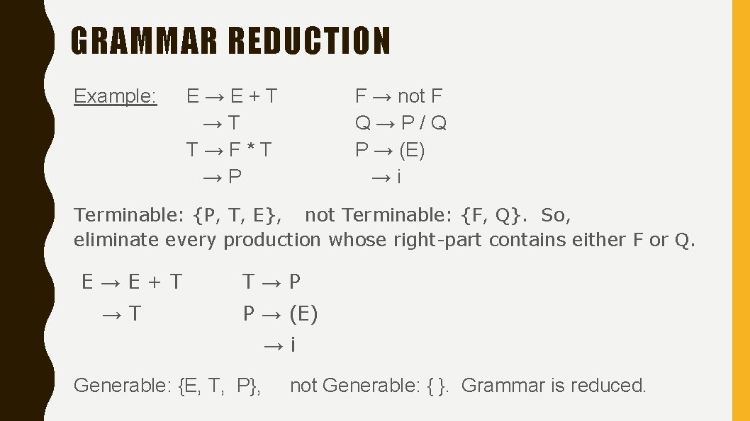 GRAMMAR REDUCTION Example: E→E+T →T T→F*T →P F → not F Q→P/Q P →