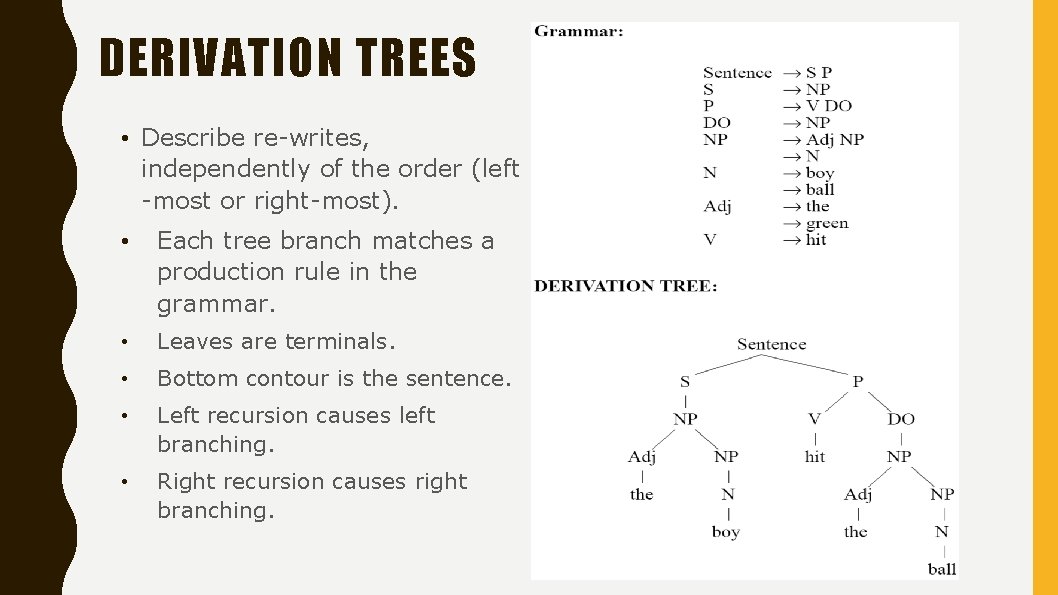 DERIVATION TREES • Describe re-writes, independently of the order (left -most or right-most). •