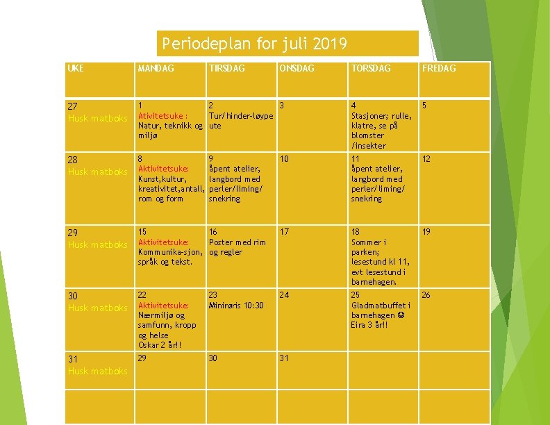 Periodeplan for juli 2019 UKE MANDAG 27 Husk matboks TIRSDAG TORSDAG FREDAG 1 2