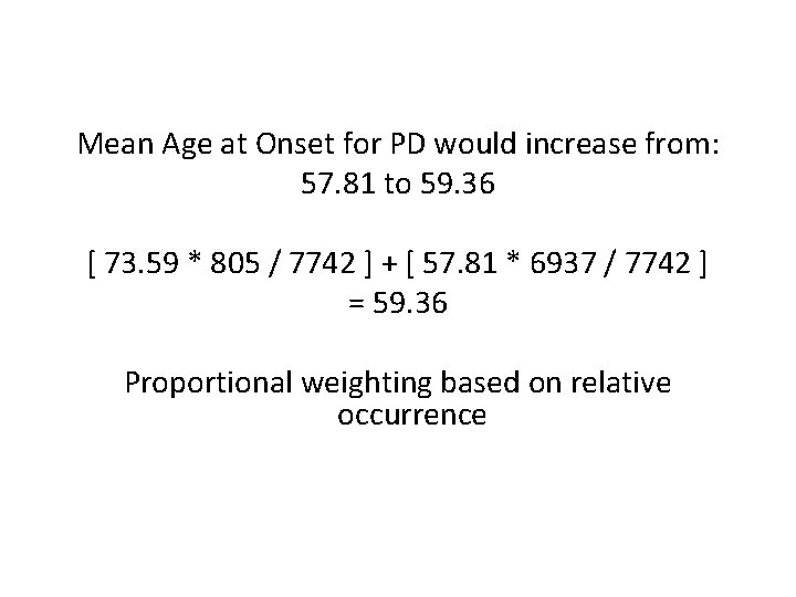 Mean Age at Onset for PD would increase from: 57. 81 to 59. 36