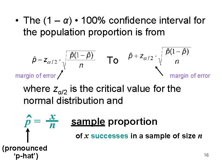  • The (1 – α) • 100% confidence interval for the population proportion