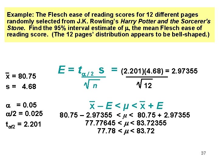 Example: The Flesch ease of reading scores for 12 different pages randomly selected from