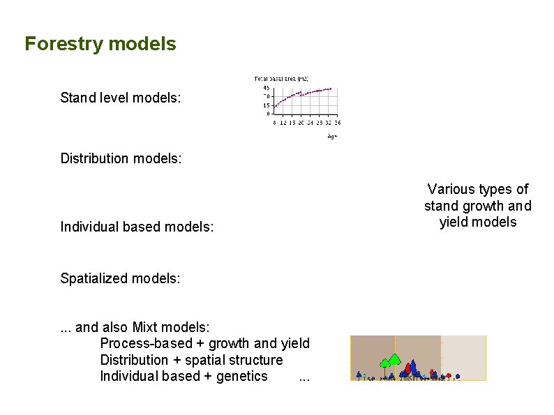 Forestry models Stand level models: Distribution models: Individual based models: Spatialized models: . .