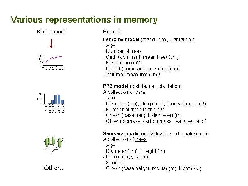 Various representations in memory Kind of model Example Lemoine model (stand-level, plantation): - Age