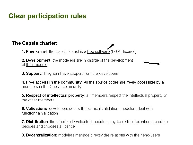 Clear participation rules The Capsis charter: 1. Free kernel: the Capsis kernel is a