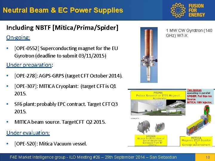 Neutral Beam & EC Power Supplies Including NBTF [Mitica/Prima/Spider] On-going: • 1 MW CW
