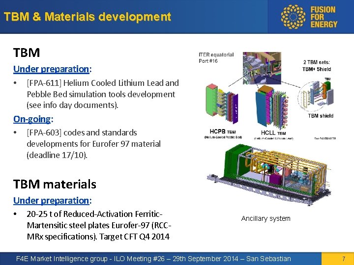 TBM & Materials development TBM Under preparation: • [FPA-611] Helium Cooled Lithium Lead and