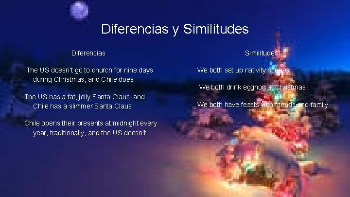 Diferencias y Similitudes Diferencias The US doesn’t go to church for nine days during