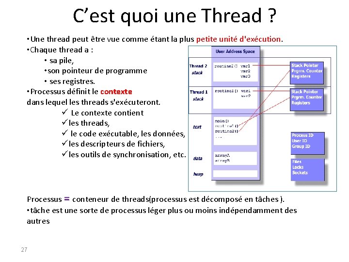 C’est quoi une Thread ? • Une thread peut être vue comme étant la