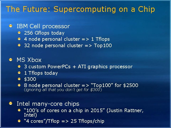 The Future: Supercomputing on a Chip IBM Cell processor 256 Gflops today 4 node