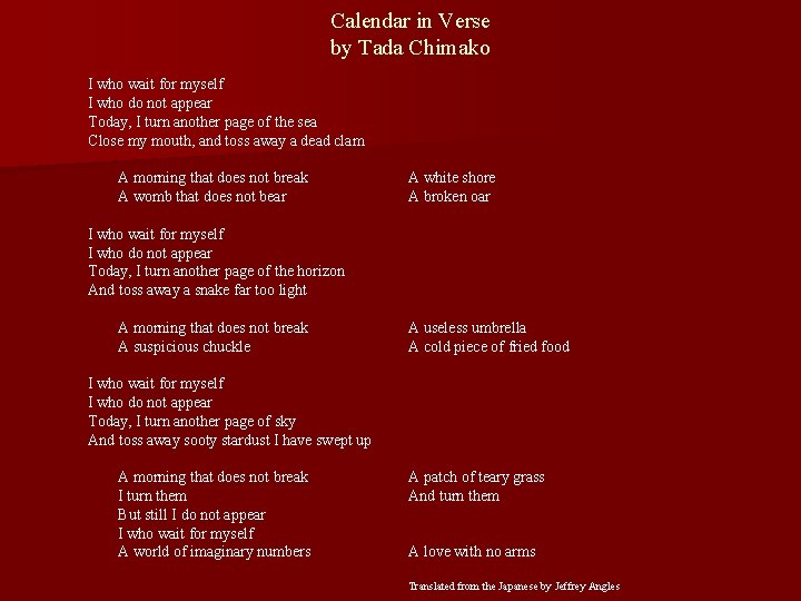 Calendar in Verse by Tada Chimako I who wait for myself I who do