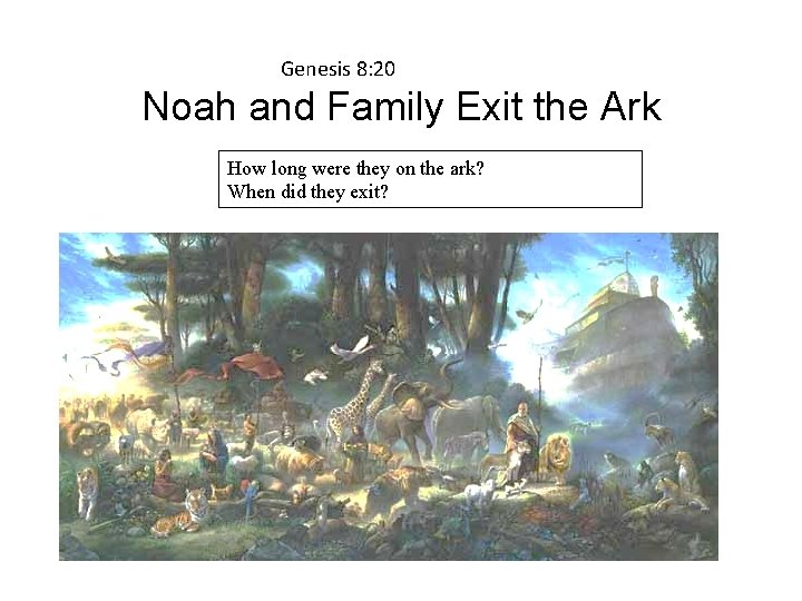 Genesis 8: 20 Noah and Family Exit the Ark How long were they on