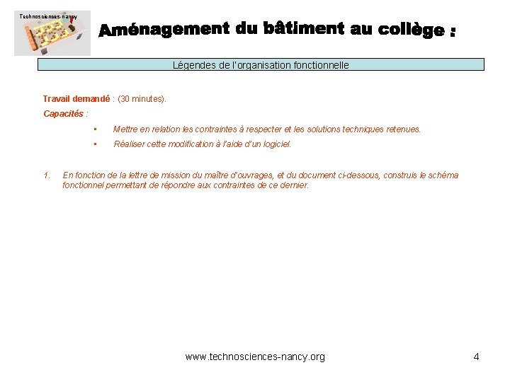 Technosciences-nancy Légendes de l’organisation fonctionnelle Travail demandé : (30 minutes). Capacités : 1. • Technosciences-nancy Légendes de l’organisation fonctionnelle Travail demandé : (30 minutes). Capacités : 1. •