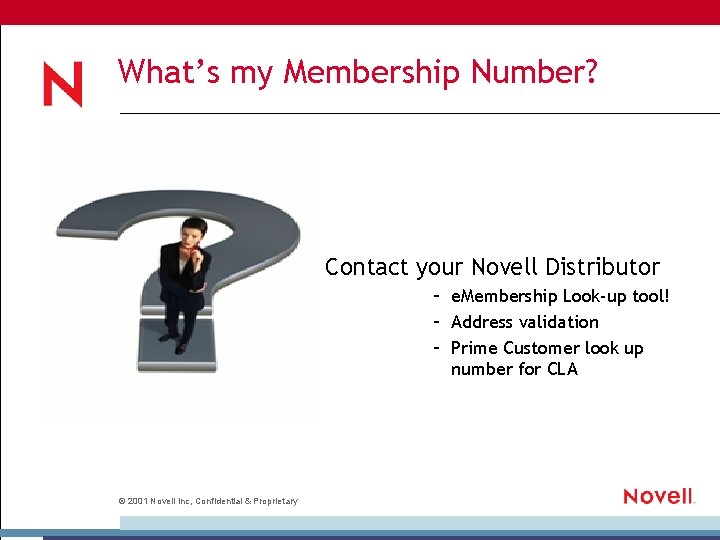 What’s my Membership Number? Contact your Novell Distributor – e. Membership Look-up tool! –