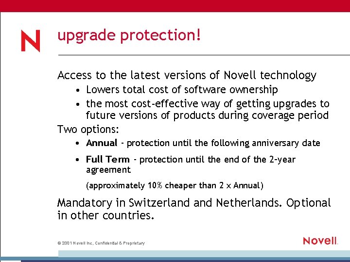 upgrade protection! Access to the latest versions of Novell technology • Lowers total cost
