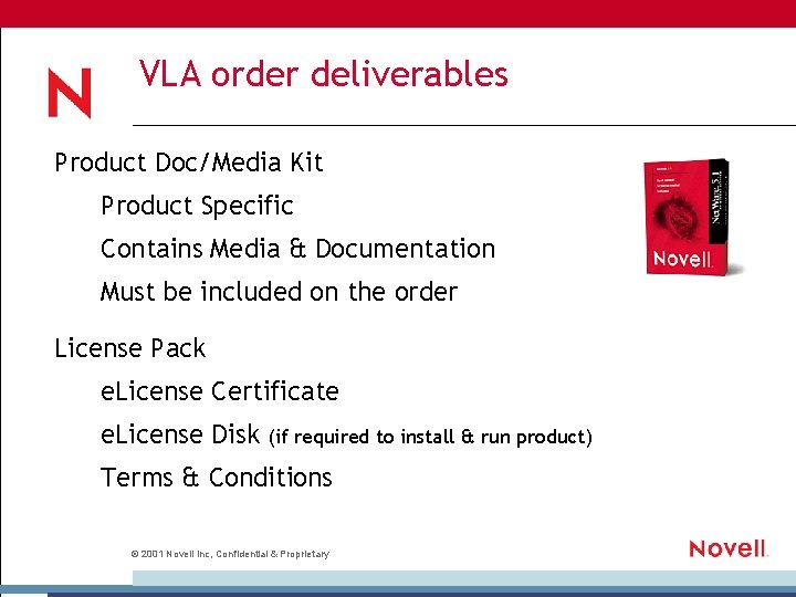 VLA order deliverables Product Doc/Media Kit Product Specific Contains Media & Documentation Must be