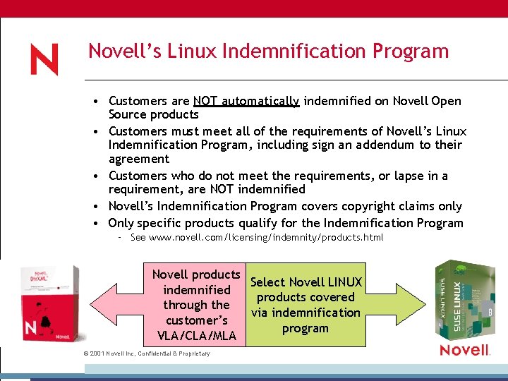 Novell’s Linux Indemnification Program • Customers are NOT automatically indemnified on Novell Open Source