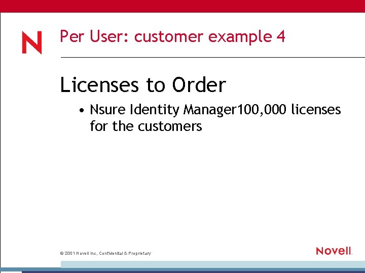 Per User: customer example 4 Licenses to Order • Nsure Identity Manager 100, 000