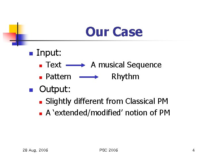 Our Case n Input: n n n Text Pattern A musical Sequence Rhythm Output: