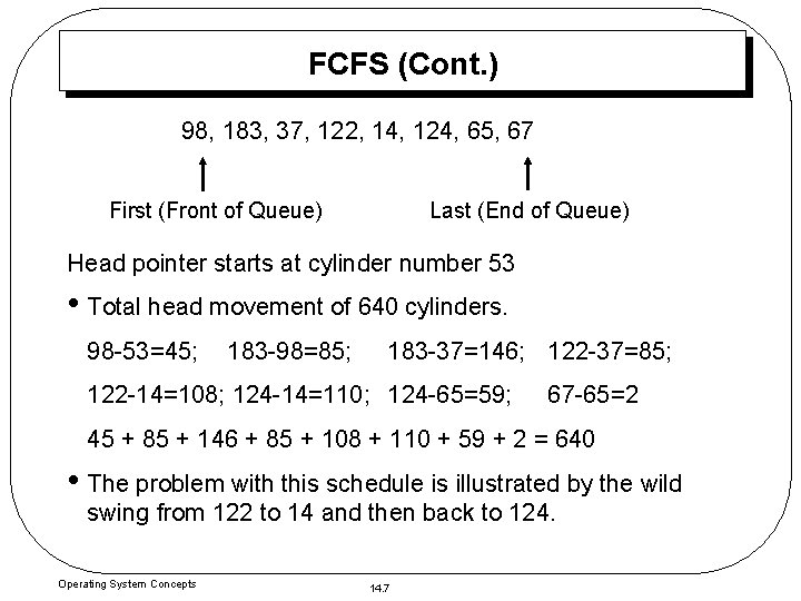 FCFS (Cont. ) 98, 183, 37, 122, 14, 124, 65, 67 Last (End of