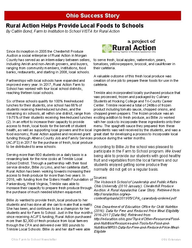 Ohio Success Story Rural Action Helps Provide Local Foods to Schools By Caitlin Bond,