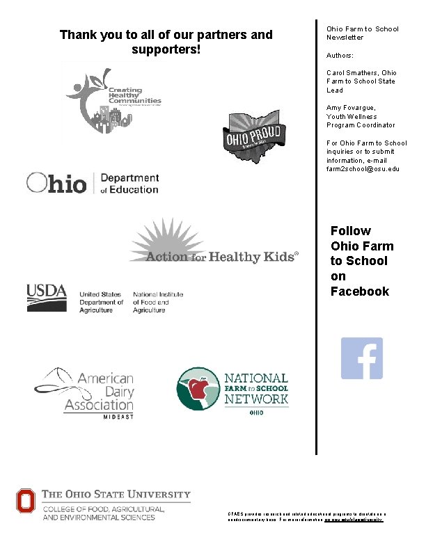 Thank you to all of our partners and supporters! Ohio Farm to School Newsletter